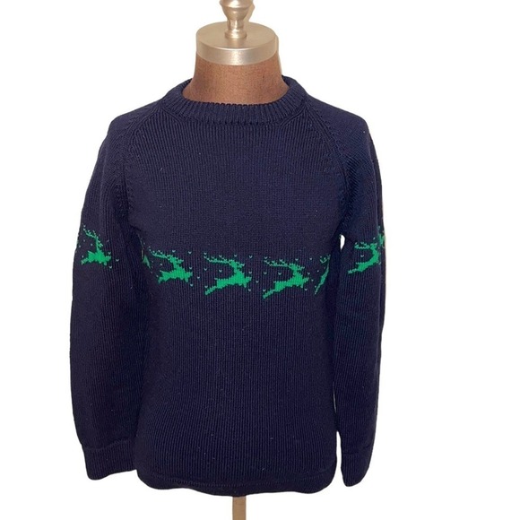 Vintage Vermont Originals Reindeer Sweater Holiday Christmas Navy Green Wool - Picture 1 of 5